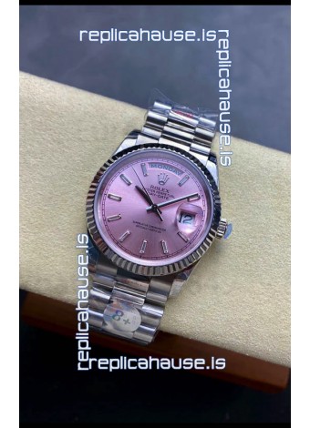 Rolex Day Date Super Clone Stainless Steel Pink Sunburst Dial Crystal Numerals Watch 36MM - 1:1 Mirror Quality