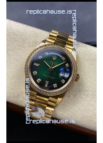 Rolex Day Date Super Clone Yellow Gold Green Dial Diamonds Numerals Watch 36MM - 1:1 Mirror Quality