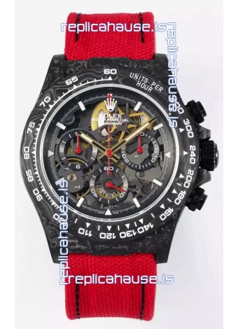 Rolex Daytona Super Clone DiW Skeleton Carbon Edition Watch - Forged Carbon Casing Red Strap 1:1 Mirror Replica