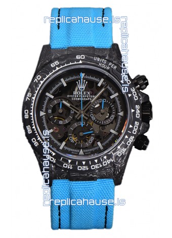 Rolex Daytona DiW Skeleton Carbon Edition Watch - Forged Carbon Casing Blue Strap 1:1 Mirror Replica