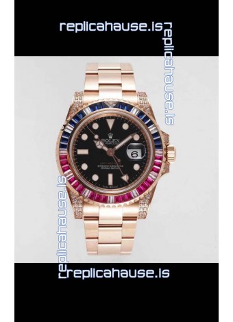 Rolex GMT Masters II Diamonds Swiss watch with Rose Gold 904L Case - 1:1 Mirror Quality 