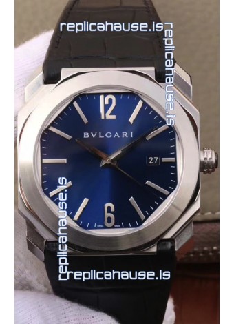 Bvlgari Octo Roma Edition 1:1 Mirror Replica in 904L Steel Casing - Deep Blue Dial Leather Strap