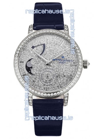 Vacheron Constantin Traditionelle Moon Phase Diamond Paved Dial in White Gold Swiss Replica