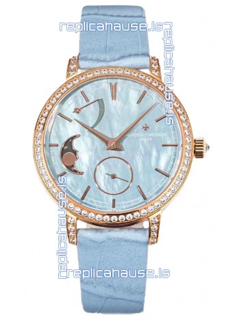 Vacheron Constantin Traditionelle Moon Phase Blue Mother of Pearl Dial in Rose Gold Swiss Replica