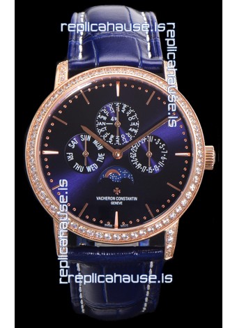 Vacheron Constantin Patrimony Perpetual Calendar Ultra-Thin Rose Gold Blue Dial Swiss Replica