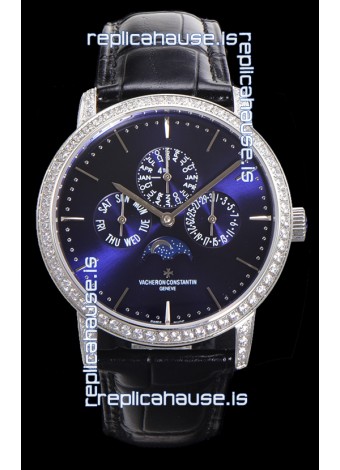 Vacheron Constantin Patrimony Perpetual Calendar Ultra-Thin White Gold Blue Dial Swiss Replica