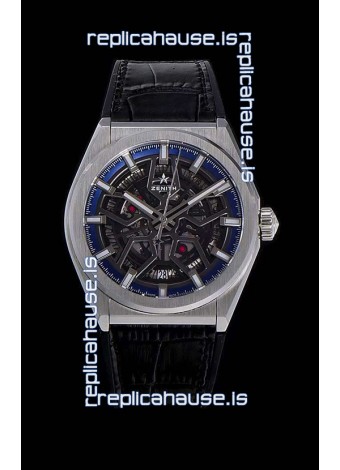Zenith Defy Classic Skeleton 41 mm Titanium Men's Swiss Replica Watch - Black Leather Strap