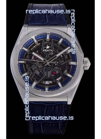 Zenith Defy Classic Skeleton 41 mm Titanium Men's Swiss Replica Watch - Blue Leather Strap
