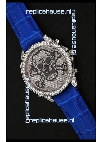 Five Time Zones J&C Skull Japanese Quartz in Full Diamonds