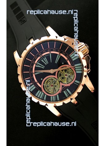 Roger Dubuis Chronoexcel Japanese Replica Automatic Rose Gold Watch in Blue Dial