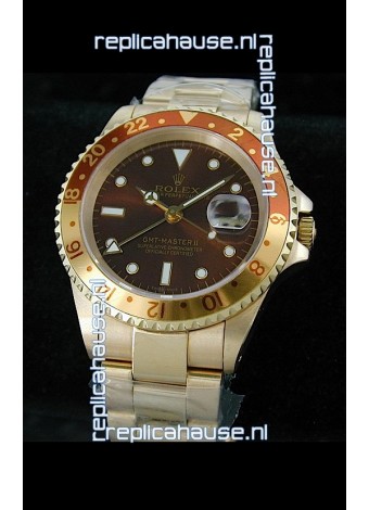 Rolex GMT Master II Swiss Replica Gold Watch in Dark Red Dial