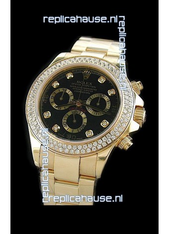 Rolex Daytona Swiss Replica Gold Watch in Full Diamond Bezel