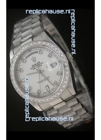 Rolex Day Date Just Japanese Replica Watch in Full Diamond Bezel