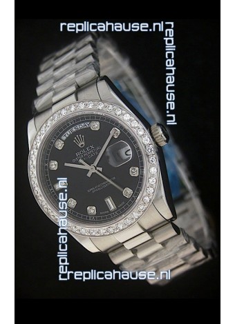 Rolex Day Date Just Japanese Replica Black Watch in Full Diamond Bezel