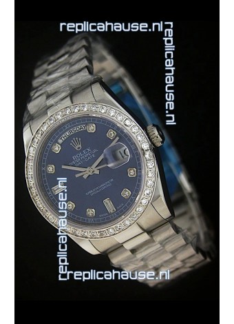 Rolex Day Date Just Japanese Replica Blue Watch in Full Diamond Bezel