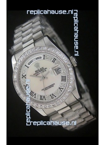 Rolex Day Date Just Japanese Replica Watch in Mop Scream White Dial