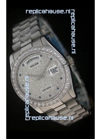 Rolex Day Date Just Japanese Replica Watch in Full Diamonds Dial 