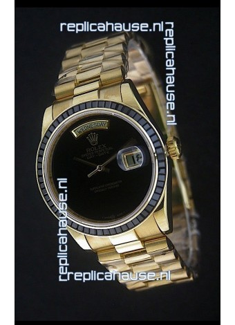Rolex Day Date Just Japanese Replica Yellow Gold Watch in Black Dial