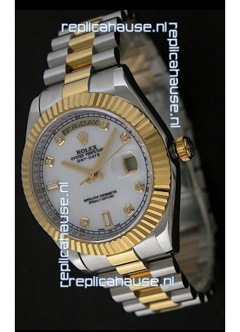 Rolex Day Date Just Japanese Replica Two Tone Gold Watch in Mop White Dial