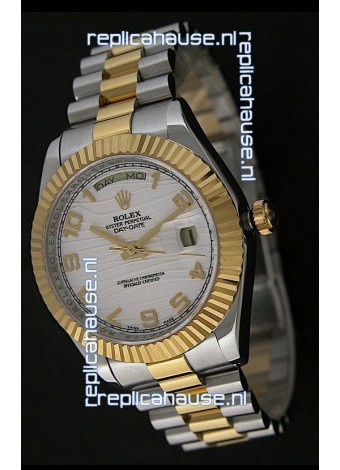 Rolex Day Date Just Japanese Replica Two Tone Gold Watch in White Stripe Pattern Dial