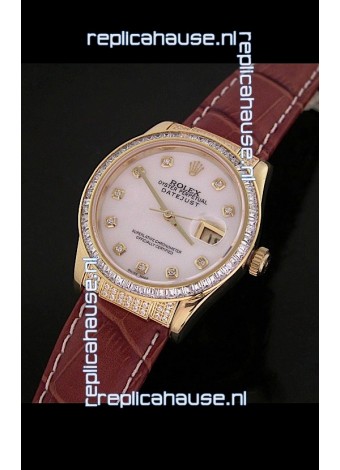 Rolex DateJust Swiss Mens Replica Yellow Gold Watch in White Mother of Pearl Dial
