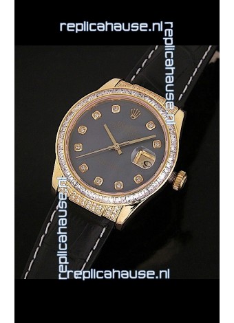 Rolex DateJust Swiss Mens Replica Yellow Gold Watch in Black Mother of Pearl Dial