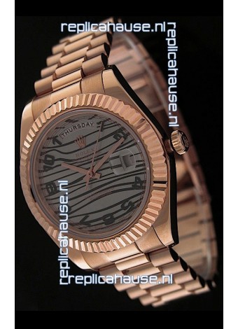 Rolex Oyster Perpetual Day Date Japanese Replica Pink Gold Watch in Waves Pattern Dial