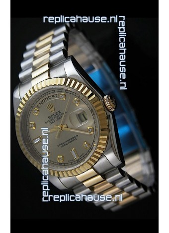 Rolex Day Date Just Japanese Replica Two Tone Gold Watch in Golden Dial