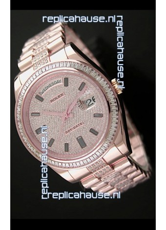 Rolex Day Date Japanese Automatic Rose Gold Watch in Diamond Bracelet