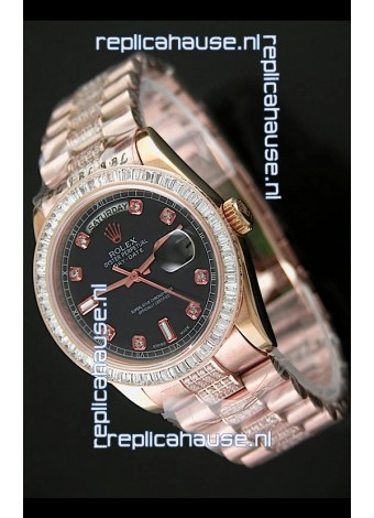 Rolex Oyster Perpetual Day Date Japanese Rose Gold Automatic Watch in Black Dial