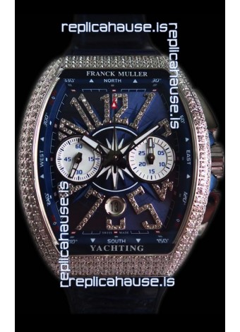 Franck Muller Vanguard Chronograph 904L Steel Blue Dial with Diamonds Swiss Watch 