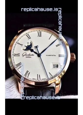 Glashuette Senator Excellence Panorama Date Moon Phase Pink Gold Swiss Watch