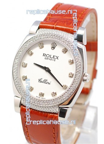 Rolex Cellini Cestello Ladies Swiss Watch White Face Diamonds Hour, Bezel and Lugs