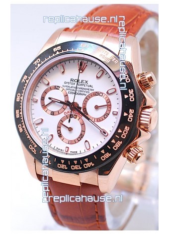 Rolex Daytona MonoBloc Cerachrom Bezel Swiss Replica Rose Gold Plated Watch in Brown Strap