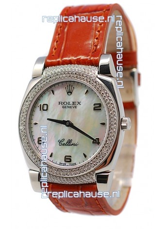 Rolex Cellini Cestello Ladies Swiss Watch Beige Pearl Face Diamonds Bezel and Lugs