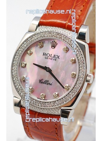 Rolex Cellini Cestello Ladies Swiss Watch in Pink Pearl Face Diamonds Hour, Bezel and Lugs