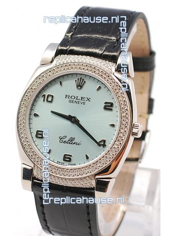 Rolex Cellini Cestello Ladies Swiss Watch in Blue Face Black Leather Strap Diamonds Bezel 