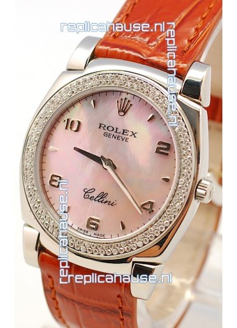 Rolex Cellini Cestello Ladies Swiss Watch in Pink Pearl Face Diamonds Bezel