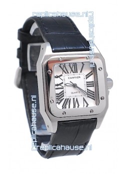 Cartier Santos 100 Japanese Ladies Replica Watch in Black Leather Strap
