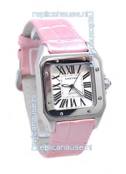 Cartier Santos 100 Japanese Ladies Replica Watch in Pink Leather Strap