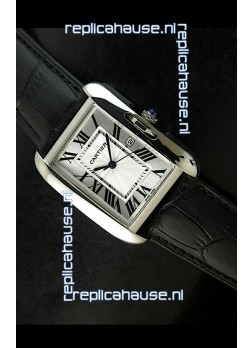 Cartier Tank Ladies Replica Watch in Steel Case/Black Strap