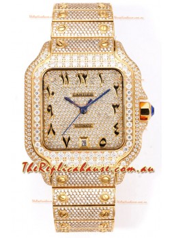 Cartier "Santos De Cartier" Yellow Gold W/ Diamonds Arabic Dial 1:1 Mirror Replica - 40MM - Genuine Diamonds
