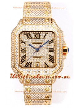 Cartier "Santos De Cartier" Yellow Gold W/ Diamonds Roman Dial 1:1 Mirror Replica - 40MM - Genuine Diamonds