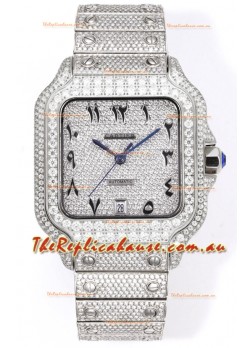 Cartier "Santos De Cartier" Stainless Steel W/ Diamonds Arabic Dial 1:1 Mirror Replica - 40MM - Genuine Diamonds