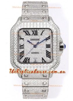 Cartier "Santos De Cartier" Stainless Steel W/ Diamonds Roman Dial 1:1 Mirror Replica - 40MM - Genuine Diamonds
