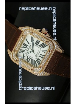 Cartier Santos 100 1:1 Mirror Replica Rose Gold Diamonds Watch 42MM