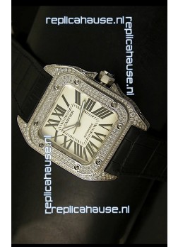 Cartier Santos 100 1:1 Mirror Replica Steel Diamonds Watch Mens Size 42MM