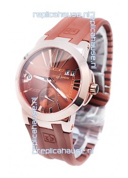 Ulysse Nardin Executive Dual Time Japanese Replica Rose Gold Watch in Brown Dial