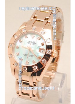 Rolex Datejust Swiss Replica Rose Gold Watch in Green Pearl Dial - 34MM