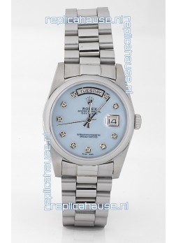 Rolex Day Date Silver Japanese Replica Watch in Mother Of Pearl Blue Dial